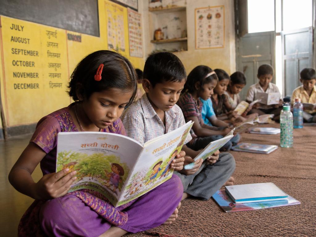 Children reading storybooks together in a community learning space