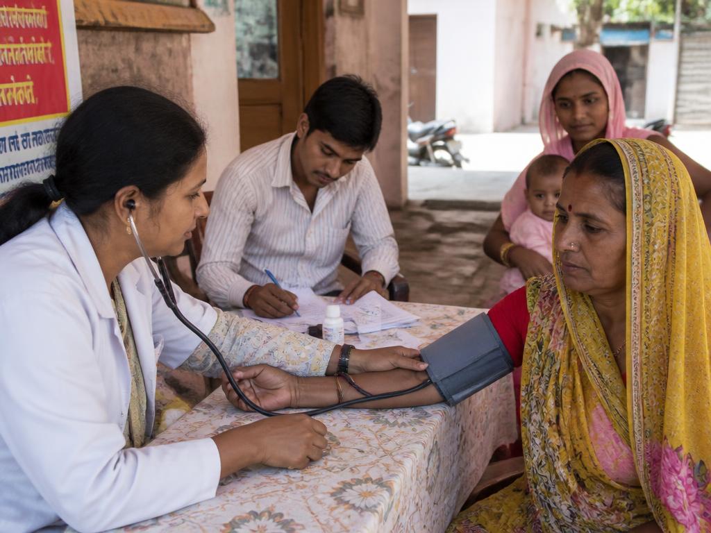 A health worker checking a woman's blood pressure at a community table